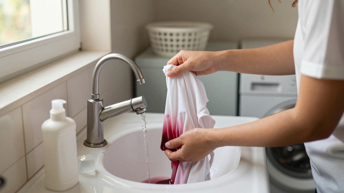 Pessoa a lavar mancha vermelha numa camisa branca numa pia junto a uma janela numa lavandaria doméstica.