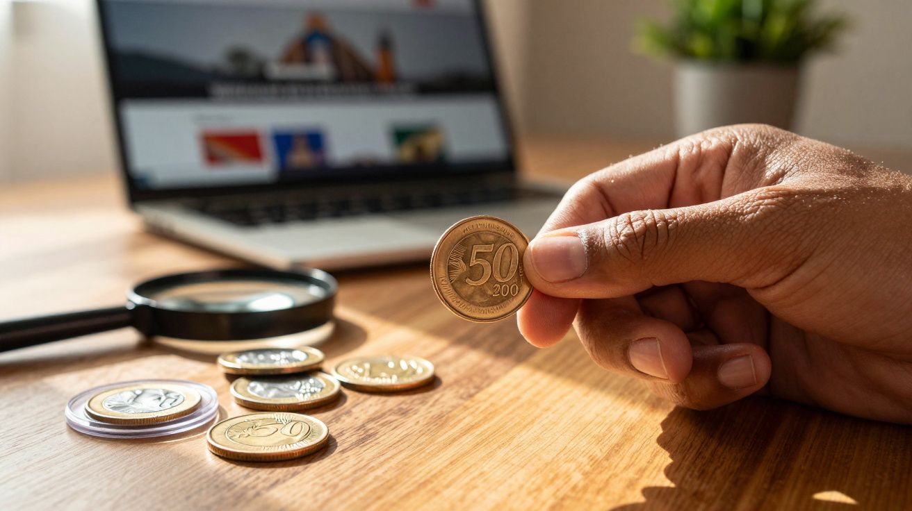 Mão segurando moeda de 50 centavos sobre mesa com moedas, lupa e portátil ao fundo desfocado.