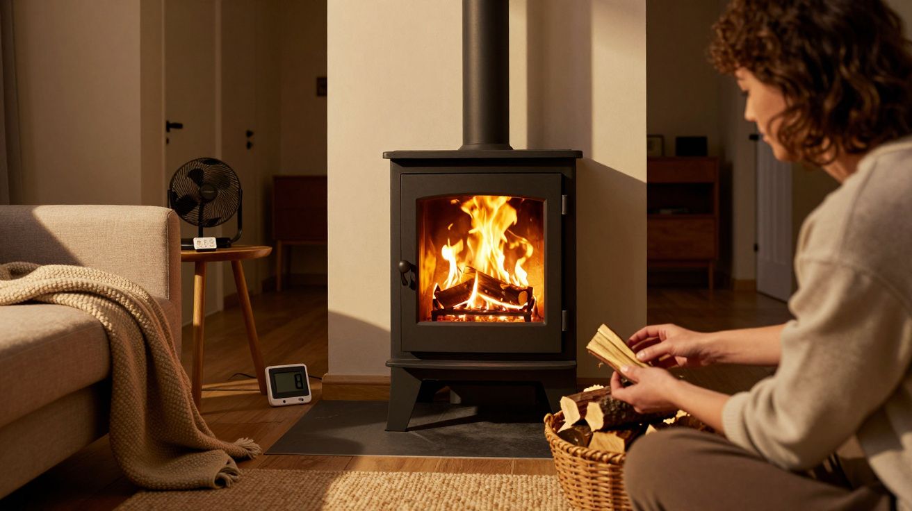 Mulher a preparar lenha junto a lareira acesa numa sala acolhedora durante a noite.
