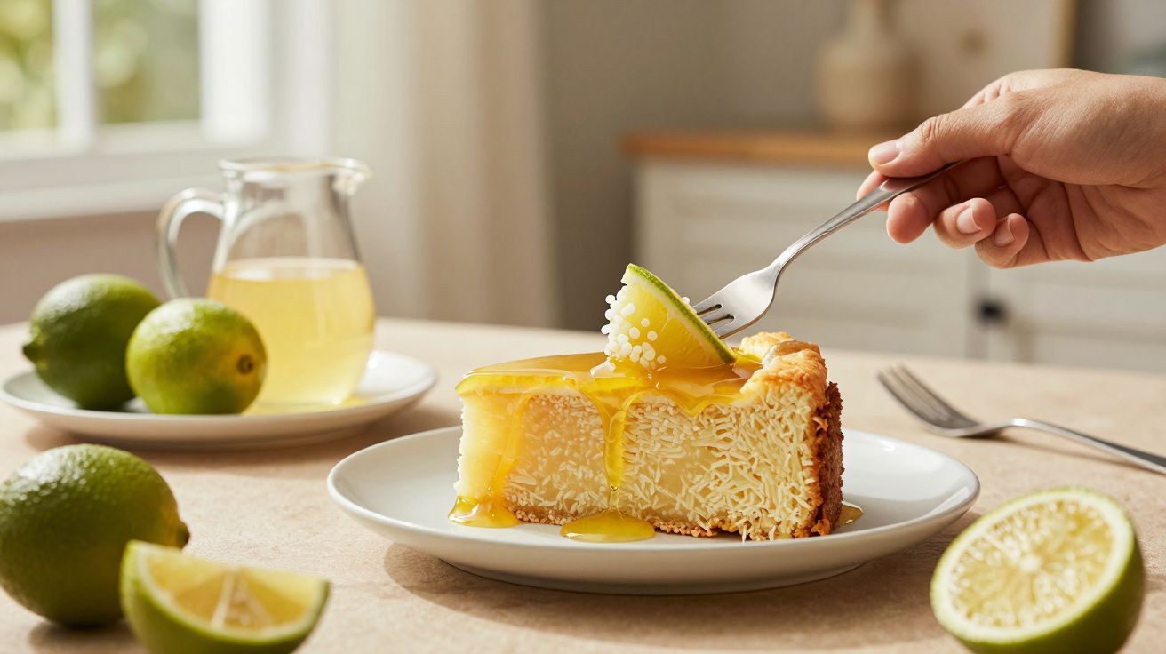 Fatia de cheesecake com cobertura amarela e gomos de lima, com jarra e limas ao fundo numa mesa clara.