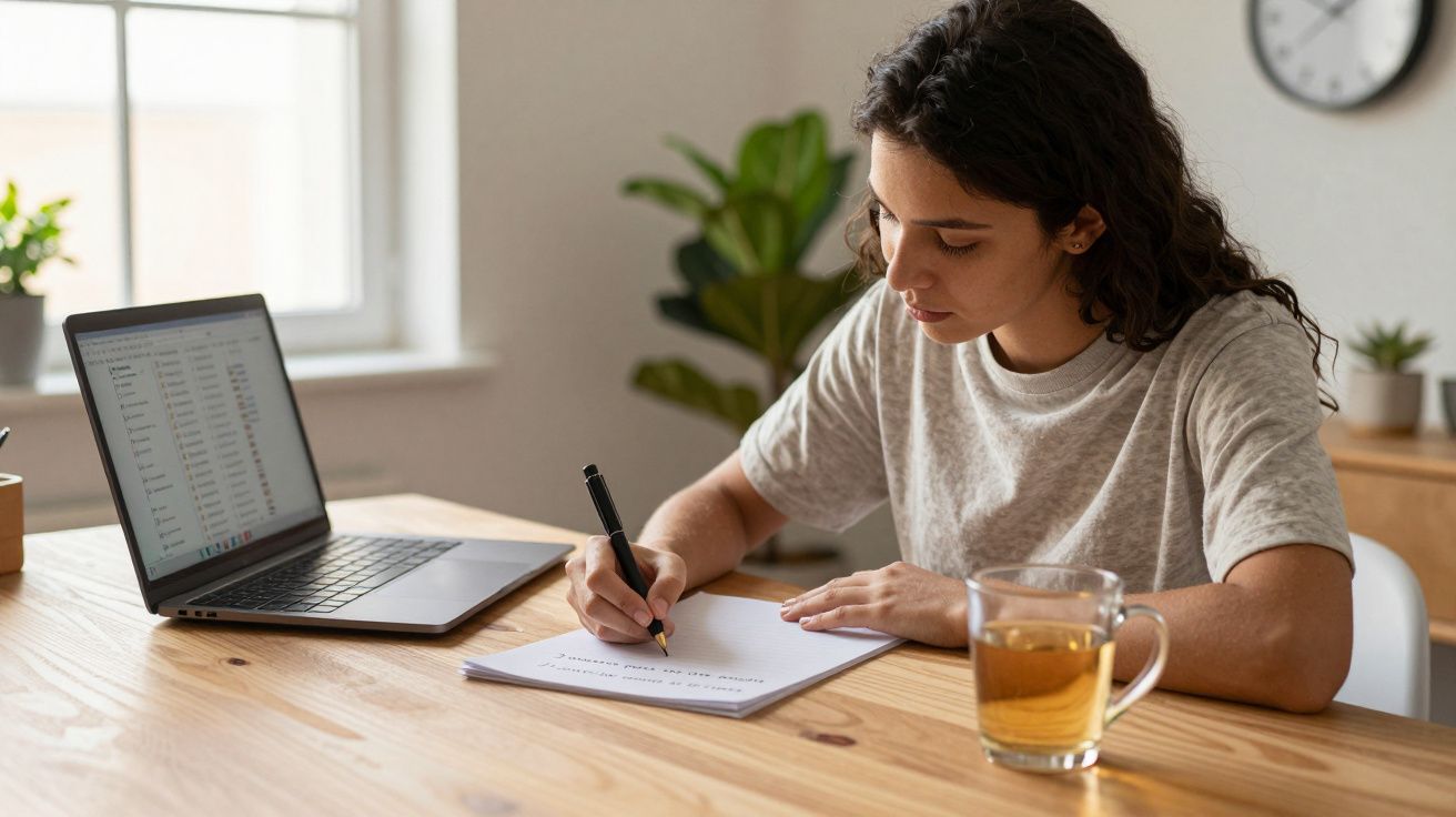 Mulher jovem sentada a escrever em papel junto a computador portátil e chá numa mesa de madeira.