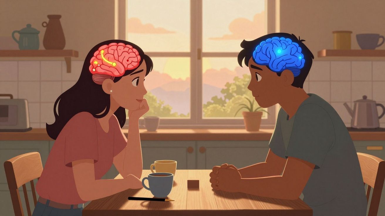 Ilustração de homem e mulher sentados à mesa com cérebros iluminados a dialogar num ambiente acolhedor.