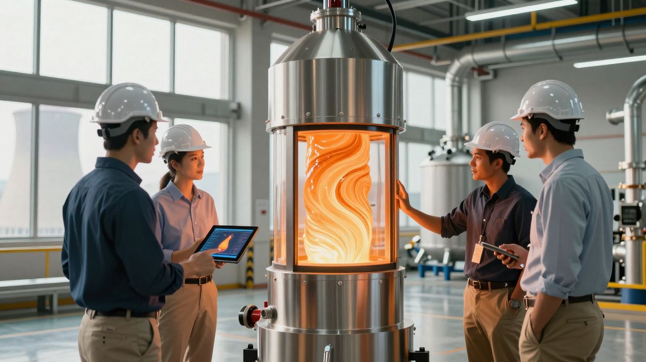 Quatro engenheiros com capacete observam equipamento industrial metálico com líquido laranja em laboratório.