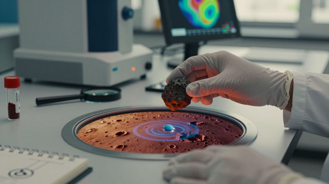 Mão com luva a segurar um meteorito sobre imagem de planeta em laboratório científico.