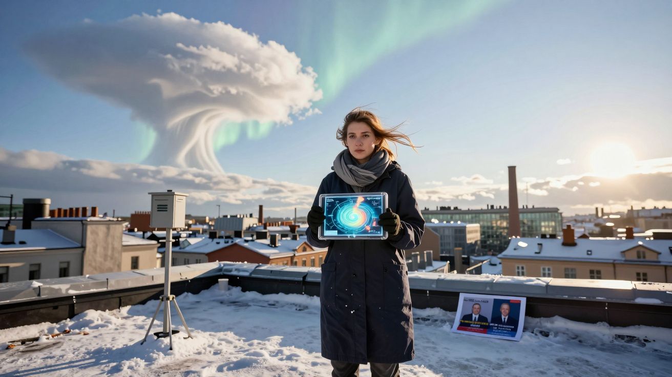 Mulher numa cobertura de inverno com tablet a mostrar tela de ciclone, céu com nuvem em formato de onda gigante.