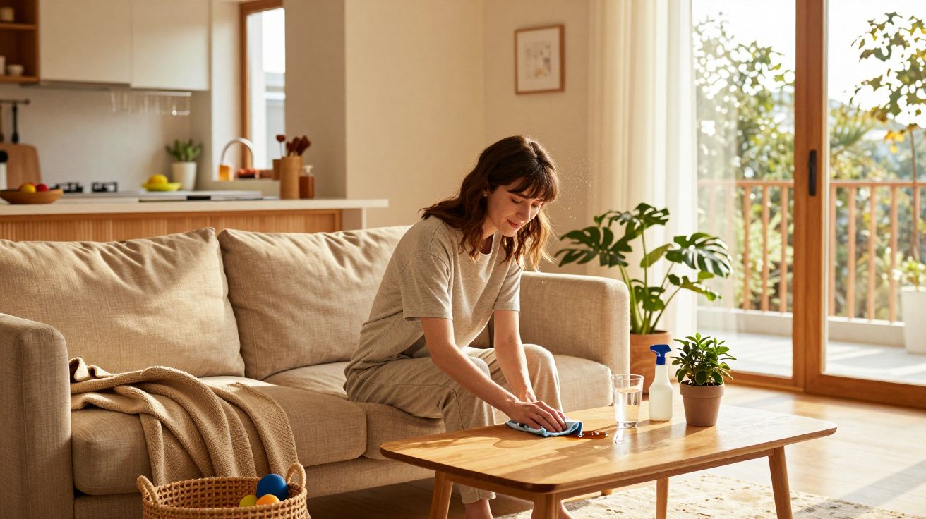 Mulher sentada no sofá a limpar a mesa de madeira na sala com luz natural e plantas decorativas.