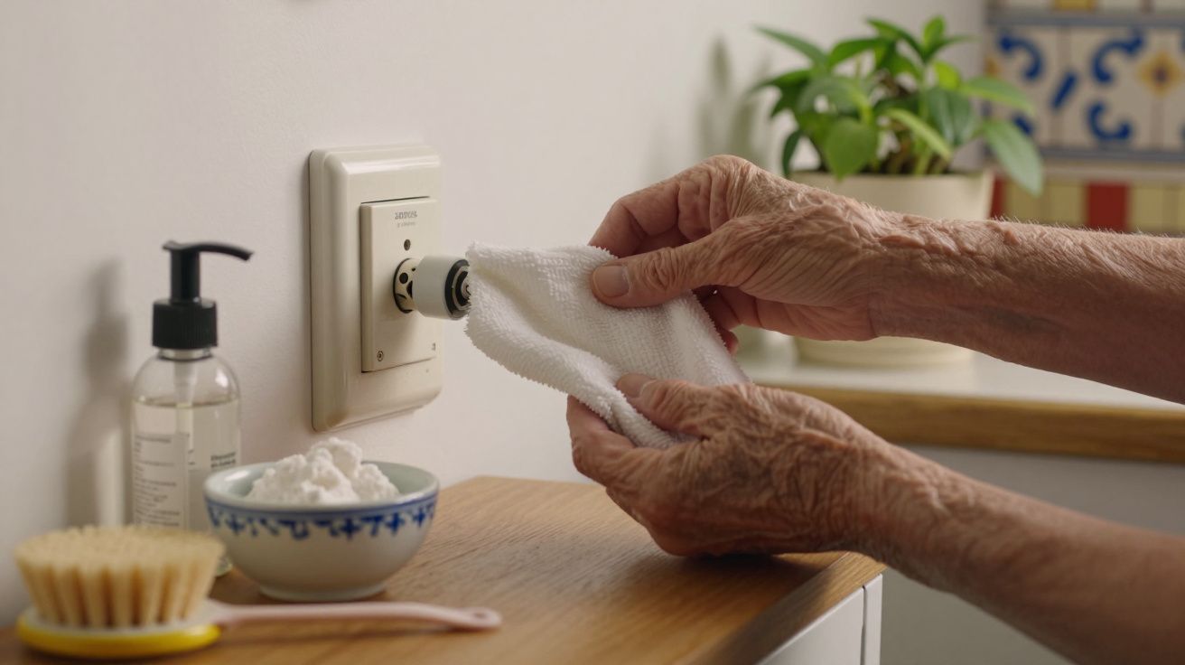 Mãos idosas a limpar um interruptor de luz com um pano branco numa casa com plantas e produtos de limpeza.