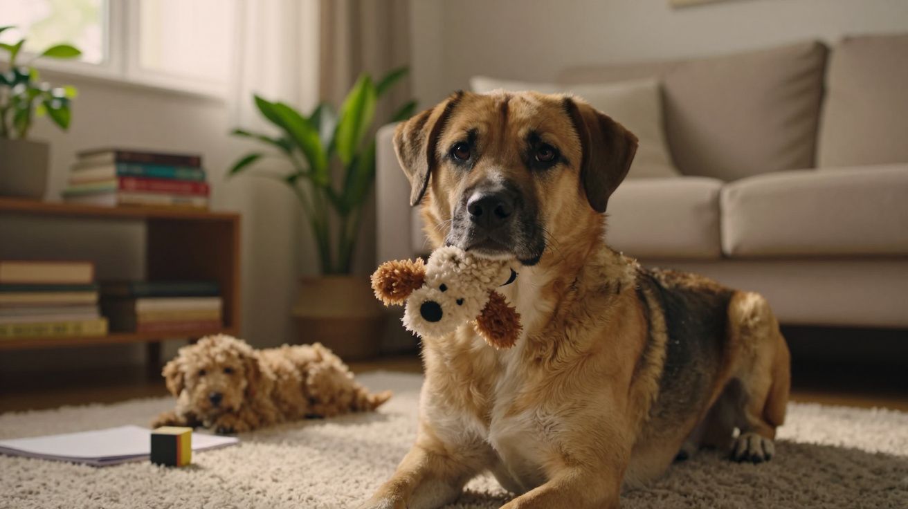 Cão grande com brinquedo na boca e cão pequeno deitado num tapete numa sala acolhedora.
