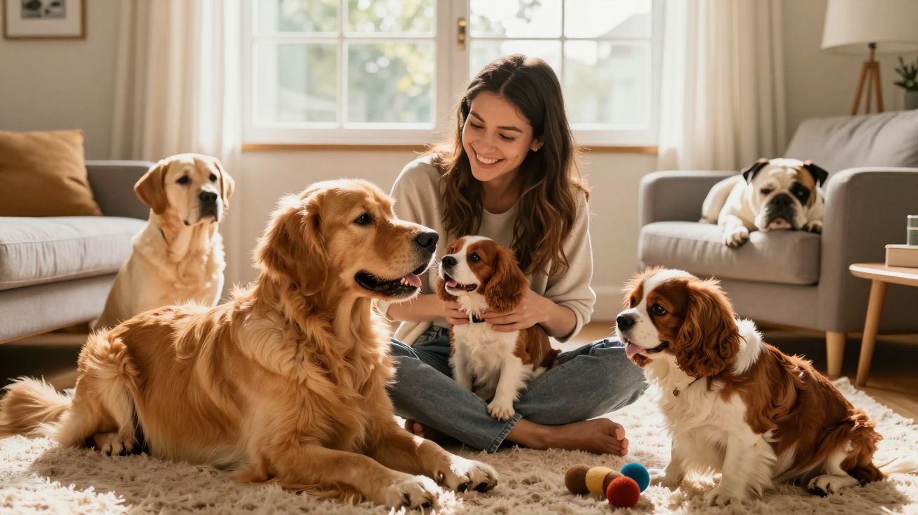 Mulher sentada no chão alegre com quatro cães de raças diferentes numa sala iluminada.