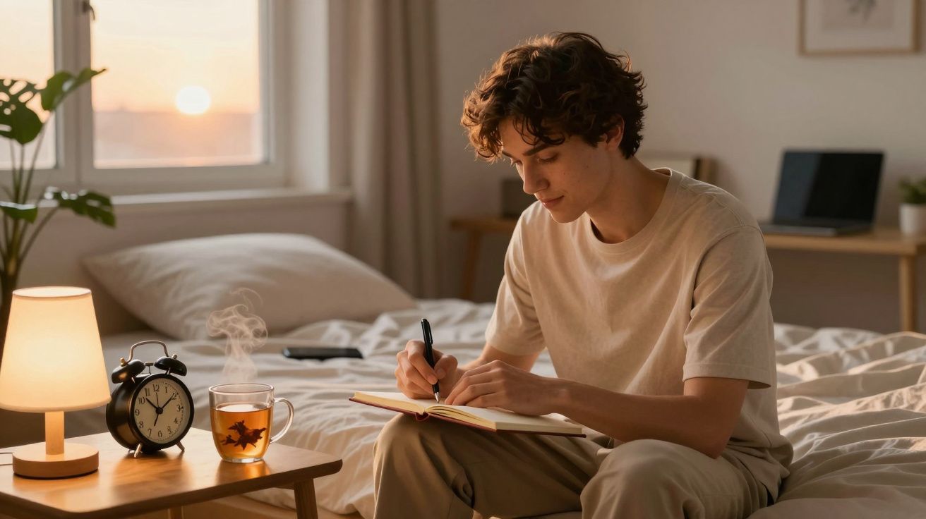Jovem sentado na cama a escrever num caderno, com chá quente, despertador e candeeiro numa mesa ao lado.