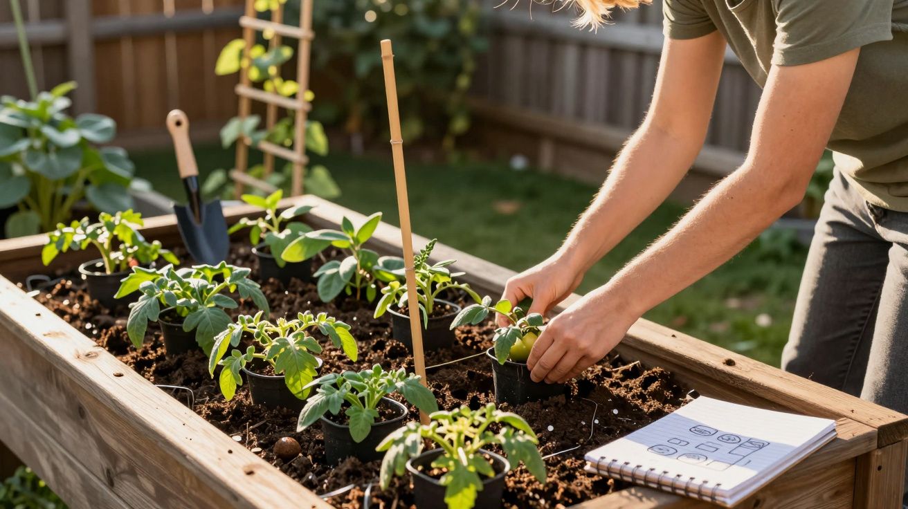 Pessoa a transplantar plantas jovens para uma caixa de cultivo elevada num jardim ensolarado.