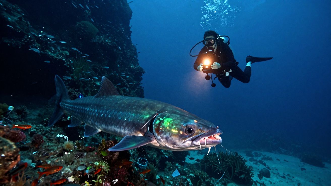 Mergulhador subaquático com lanterna observa grande peixe perto de recife de coral azul.