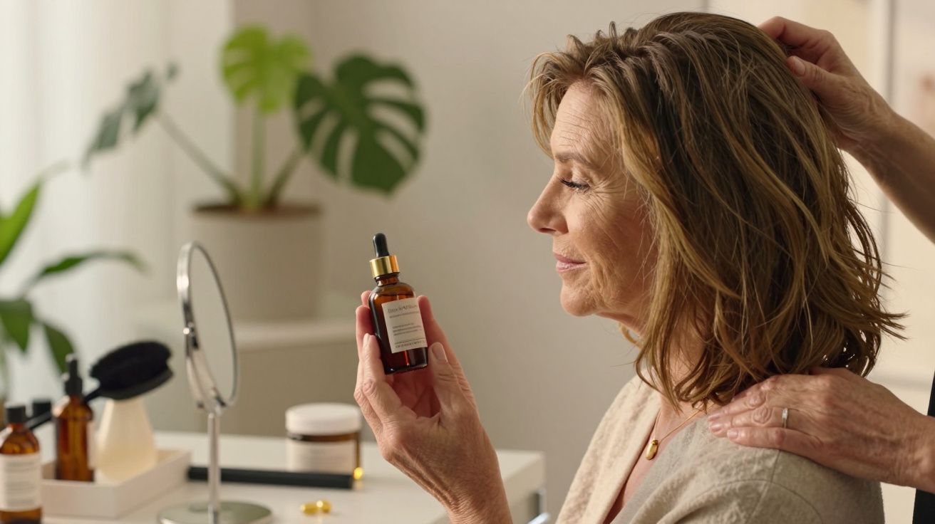 Mulher segura frasco de óleo capilar enquanto outra pessoa ajeita o seu cabelo num ambiente tranquilo.