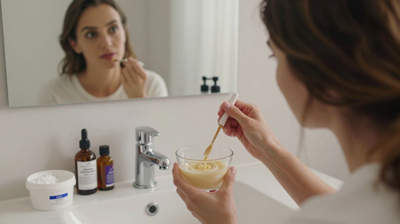 Mulher debruçada sobre a pia prepara máscara facial caseira em vidro transparente num banheiro iluminado.