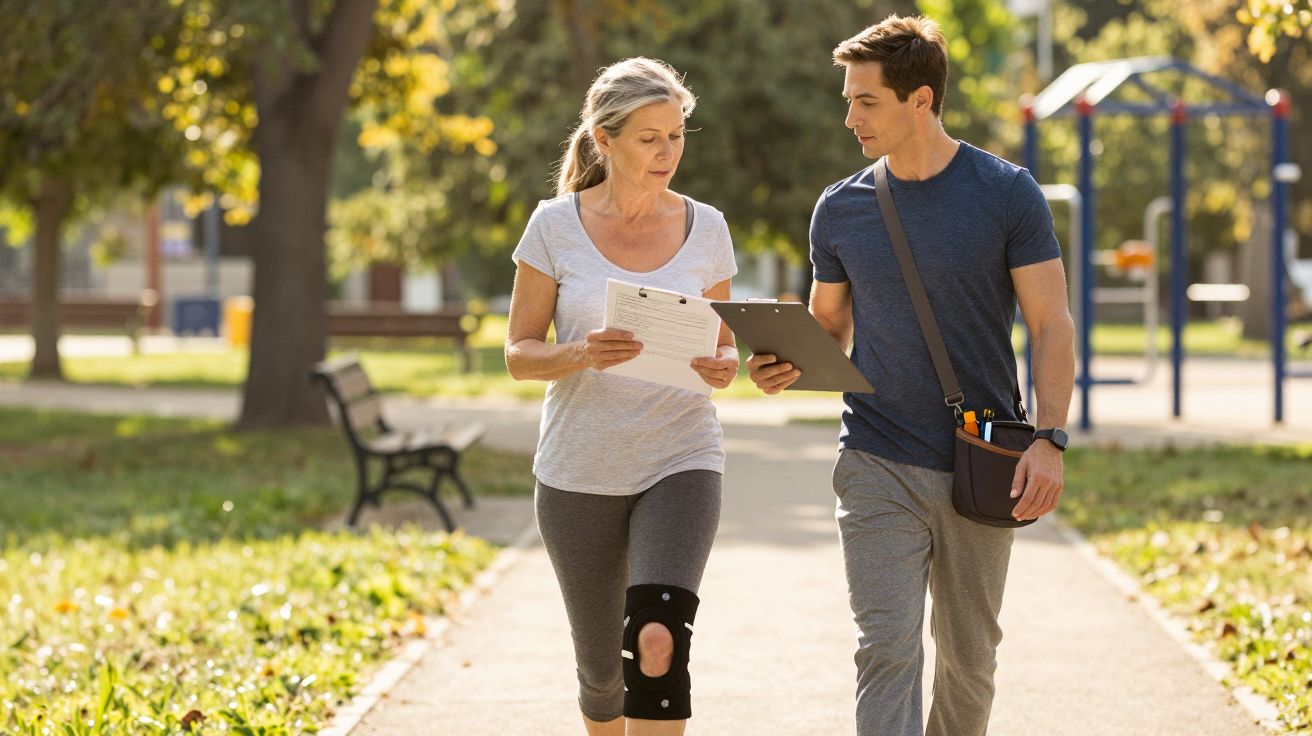 Mulher com joelheira e treinador a caminhar e conversar num parque ensolarado, segurando pranchetas.