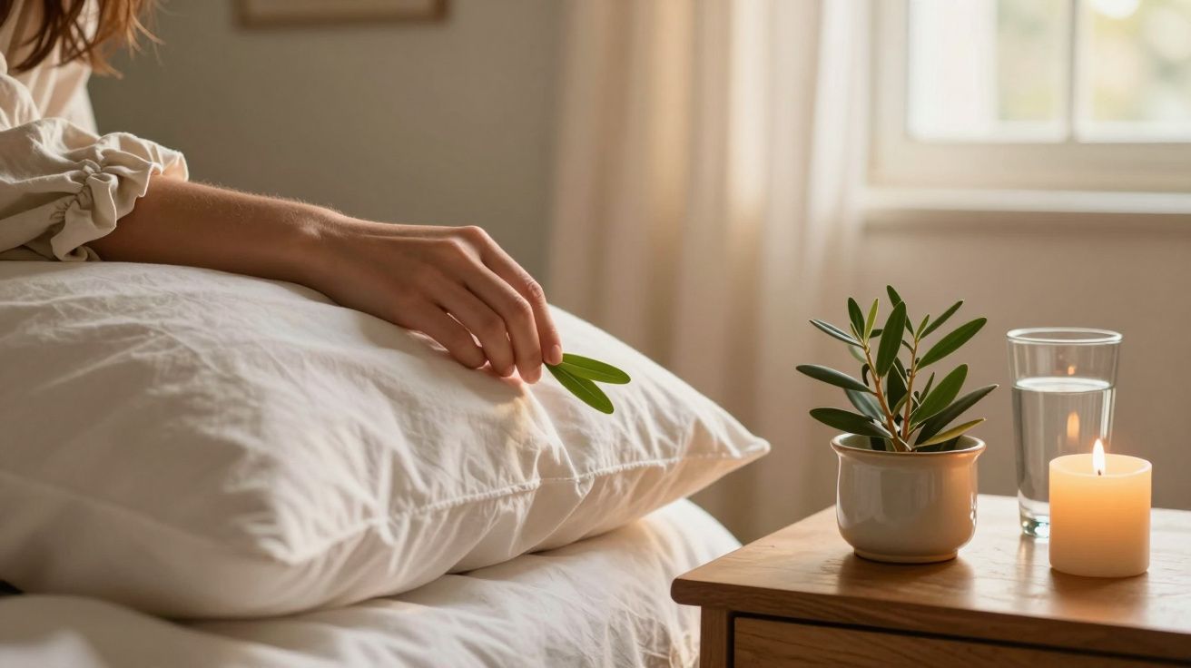 Mão repousando numa almofada branca, com planta, vela acesa e copo de água numa mesa ao lado da cama.