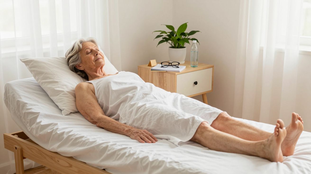 Idosa deitada na cama com olhos fechados num quarto iluminado e minimalista com mesa de cabeceira.