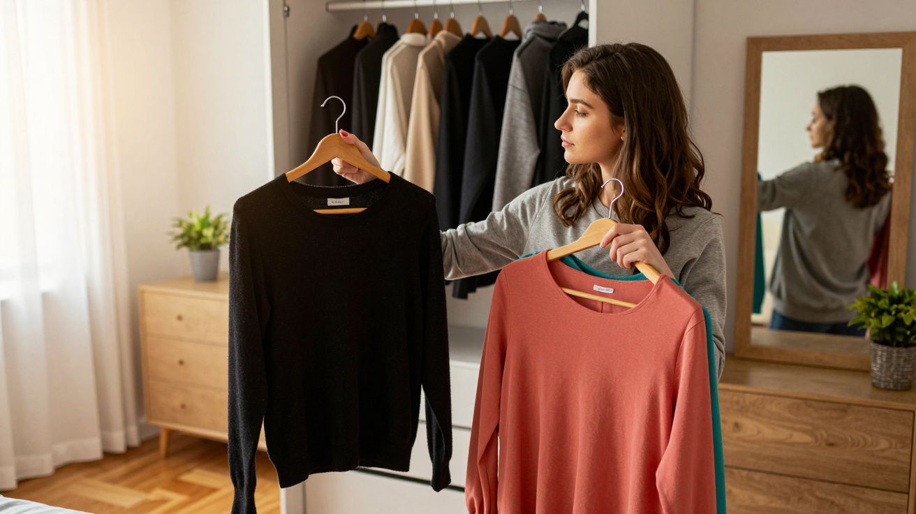 Mulher escolhe entre camisolas preta e cor de tijolo diante de roupeiro aberto e espelho.