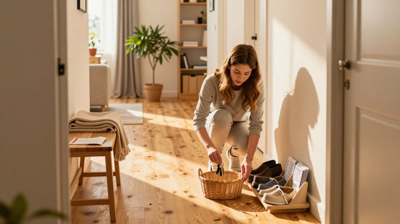 Mulher arrumando a entrada de casa, perto de cesta e sapatos, em ambiente luminoso e acolhedor.