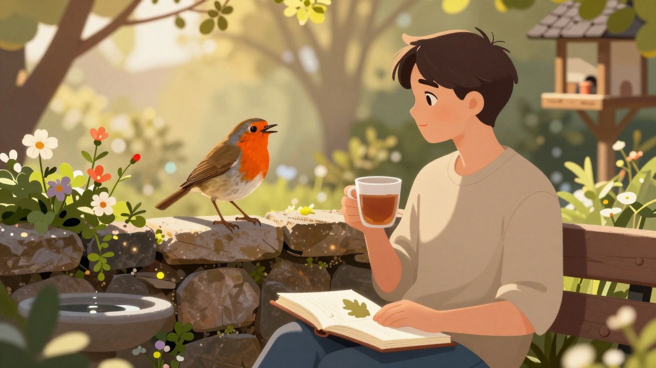 Rapaz sentado num banco no jardim, a ler um livro e beber chá, enquanto observa um pássaro vermelho no muro.