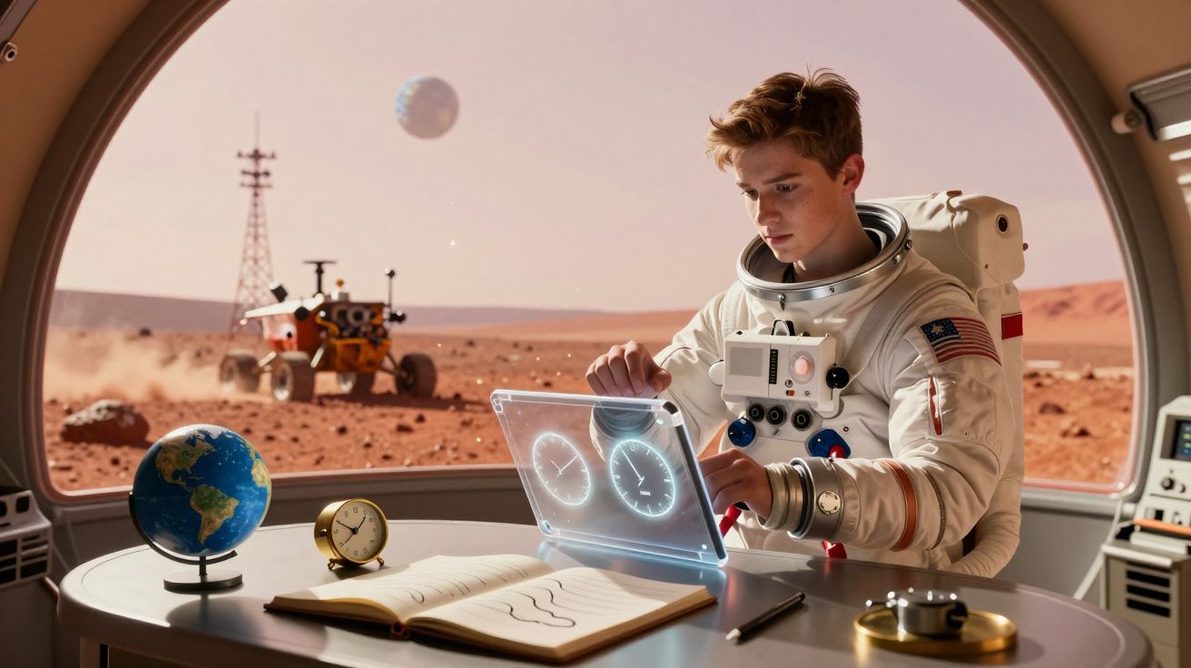 Astronauta jovem em habitat marciano utilizando painel digital transparente com globo terrestre e rover ao fundo.