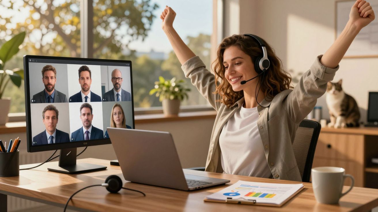 Mulher feliz com auscultadores celebra sucesso durante videoconferência num escritório com gato atrás.