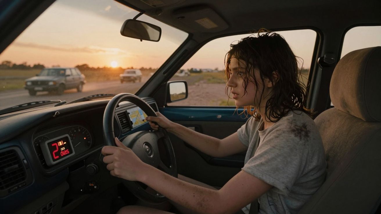 Jovem de cabelo molhado e sujo ao volante de um carro conduzindo numa estrada ao pôr do sol.
