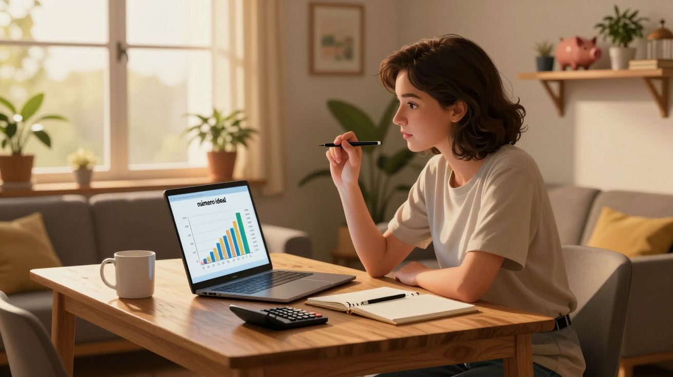 Mulher jovem a analisar gráfico no computador e a tomar notas numa mesa em casa iluminada.