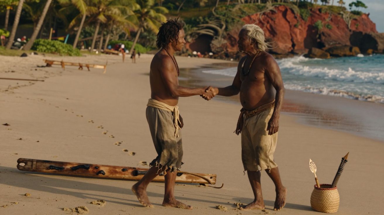 Dois homens nativos a cumprimentarem-se na praia, perto do mar, com rochas e palmeiras ao fundo.
