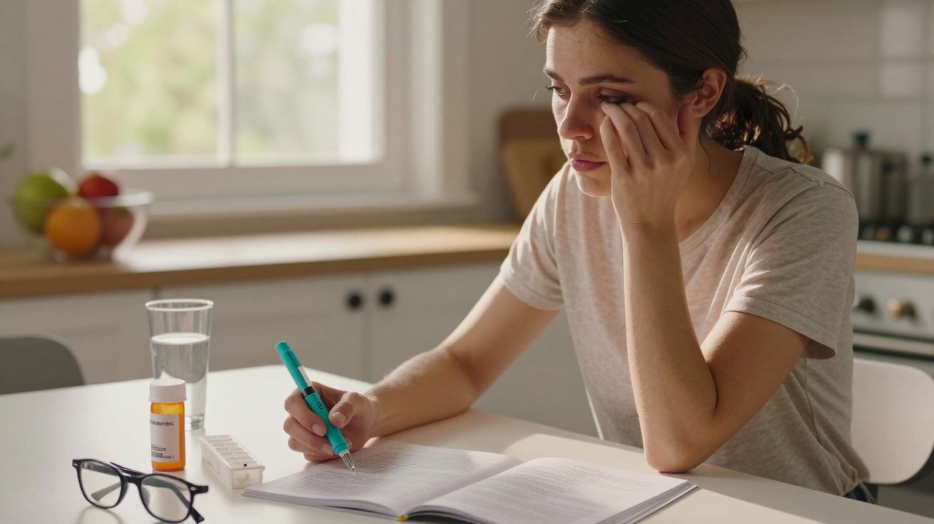 Mulher triste sentada na cozinha com caderno, remédios, óculos e copo de água à sua frente.