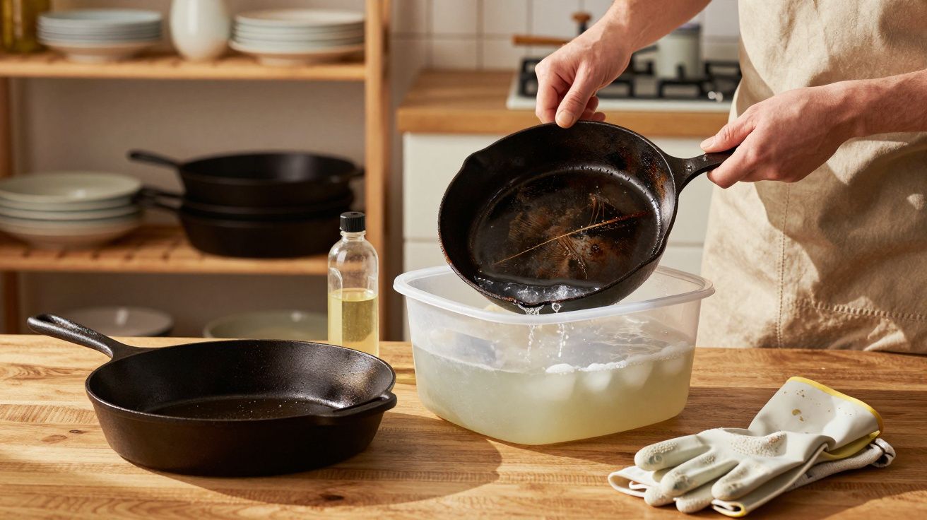 Pessoa a mergulhar frigideira de ferro numa caixa com água e gelo numa cozinha.