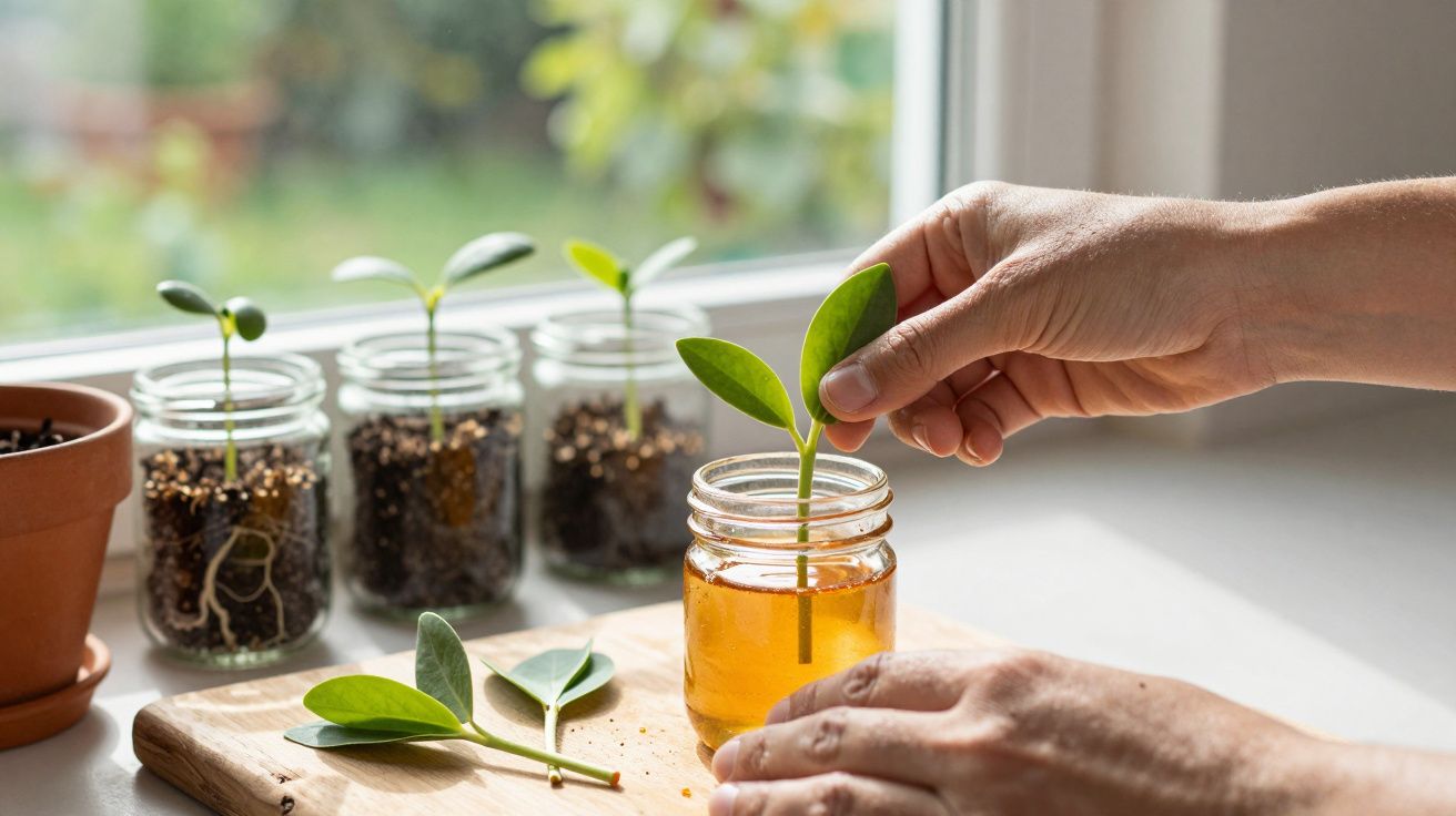 Mãos a colocar rebento numa jarra com água, ao lado de vários frascos com plantas e terra.