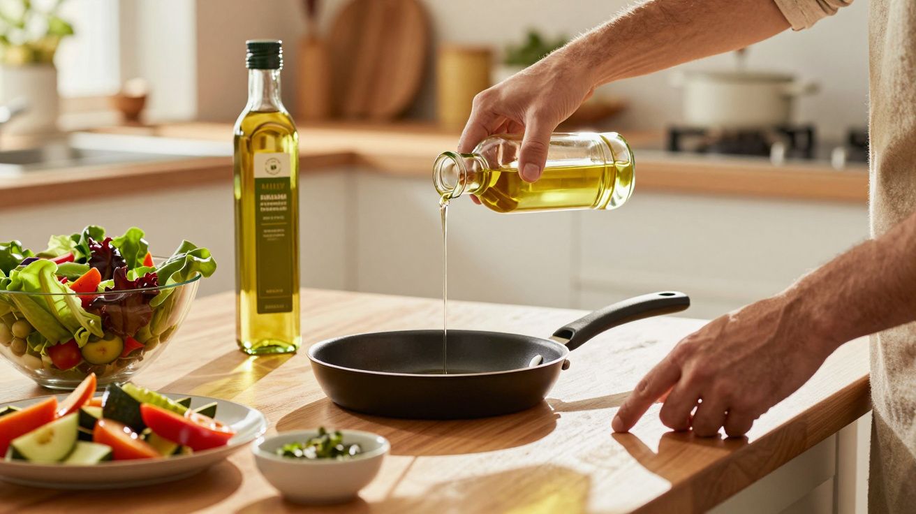 Pessoa a deitar azeite numa frigideira numa cozinha moderna com legumes e salada à vista.