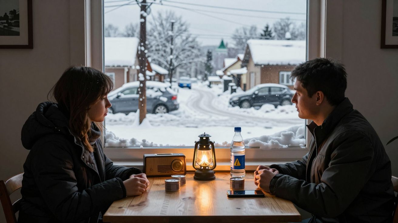 Duas pessoas sentadas frente a frente numa mesa com uma lanterna acesa, rádio e garrafa, neve visível na janela.