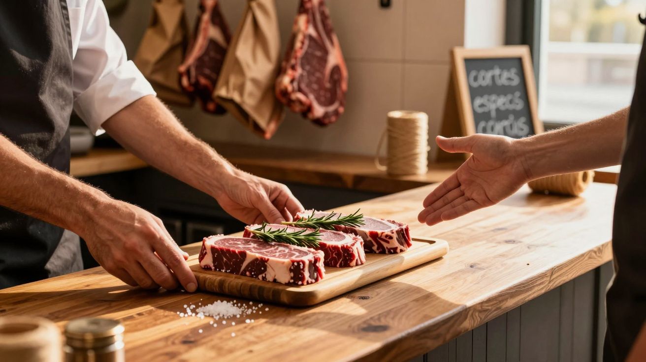 Dois homens a manipular bifes crus numa tábua de madeira num talho com peças de carne penduradas ao fundo.