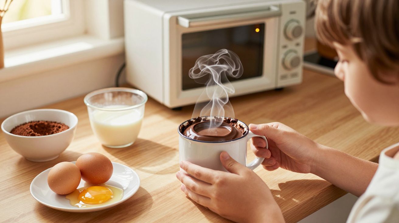 Criança a segurar caneca com chocolate quente fumegante, ao lado de ovos, cacau e leite numa mesa de cozinha.