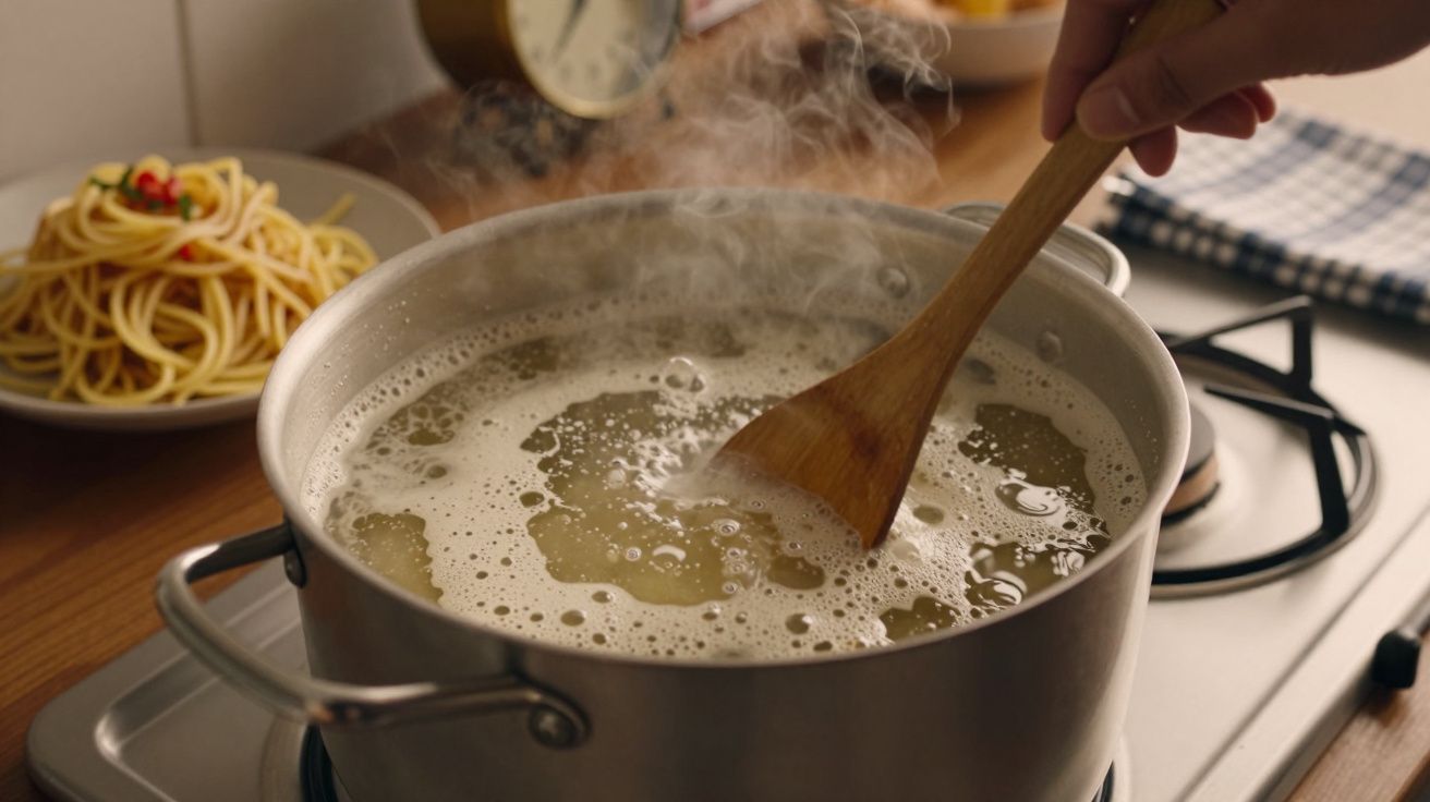 Panela a ferver água para cozer esparguete numa placa de fogão, com uma mão a mexer com uma colher de pau.