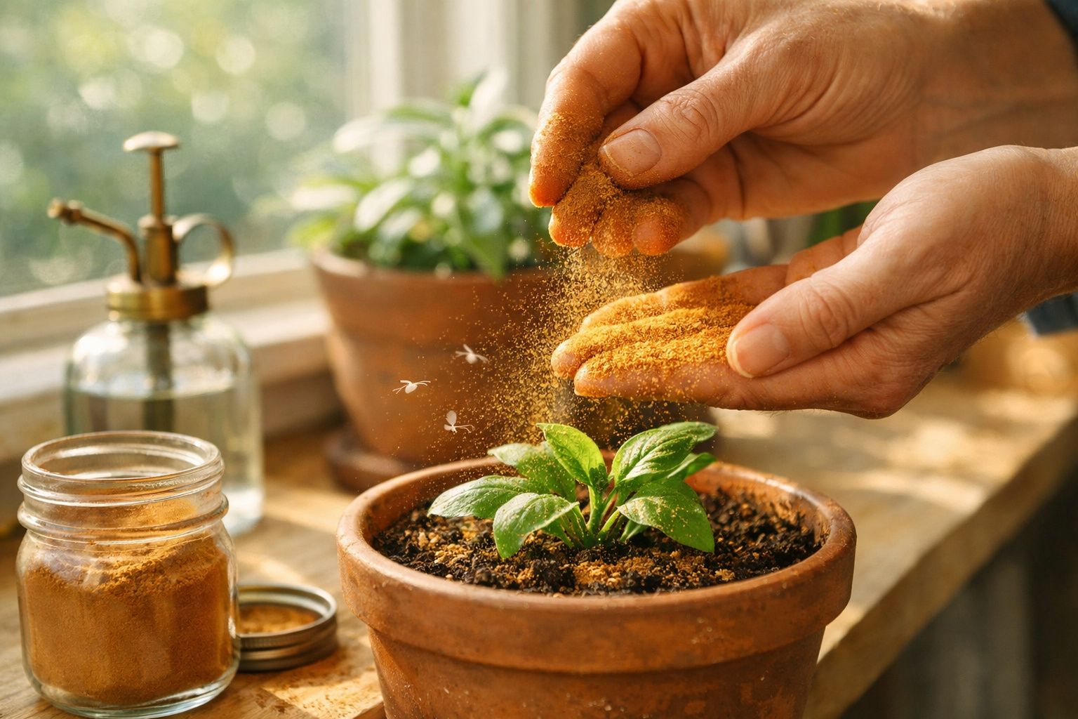 Mãos a polvilhar pó dourado sobre planta em vaso junto a janela com jarro e planta ao fundo.