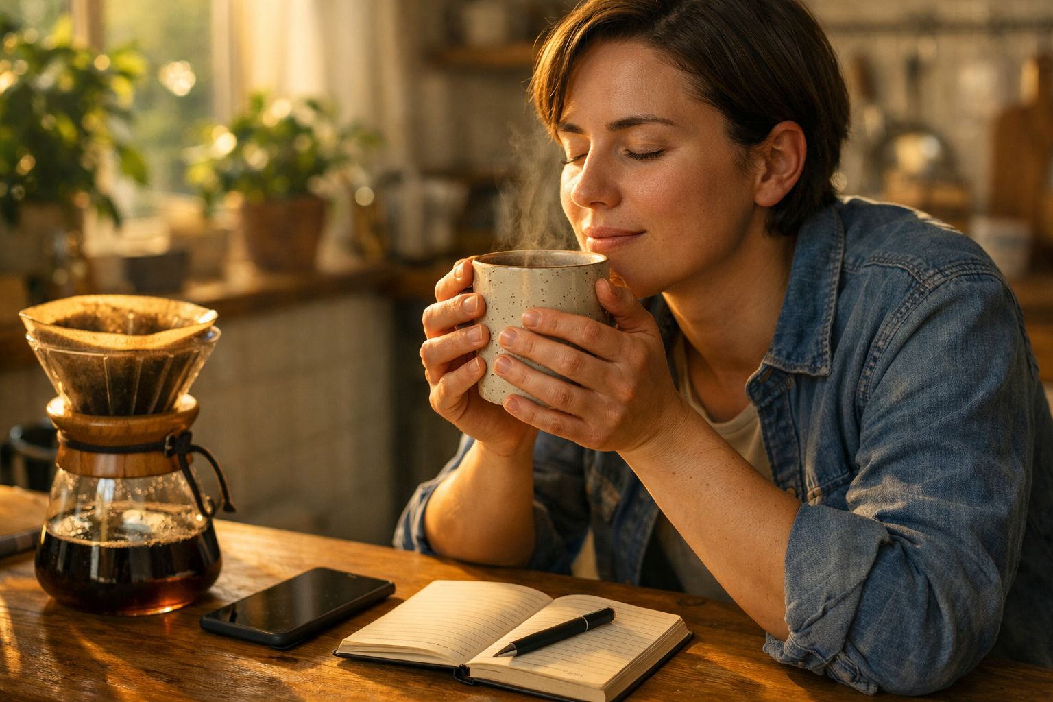 Mulher a sentir o aroma do café numa caneca, sentada numa mesa com caderno, telemóvel e cafeteira.