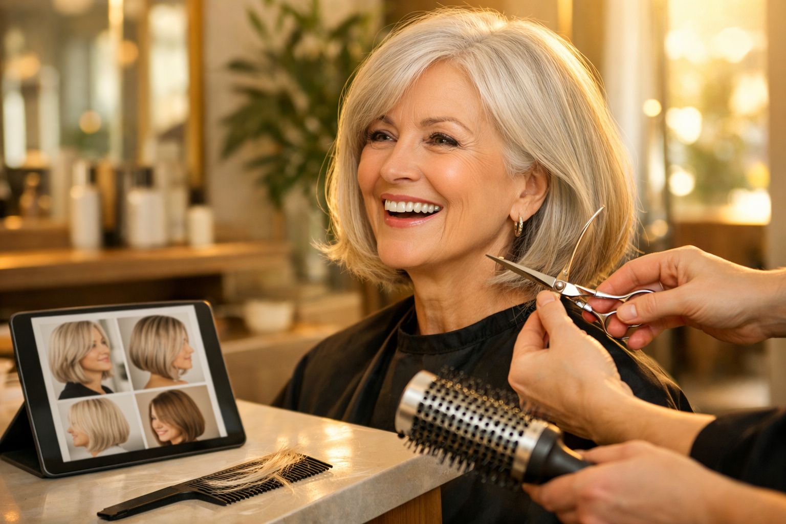 Mulher sorridente a cortar cabelo cinzento curto num salão, com tablet a mostrar estilos de cabelo.