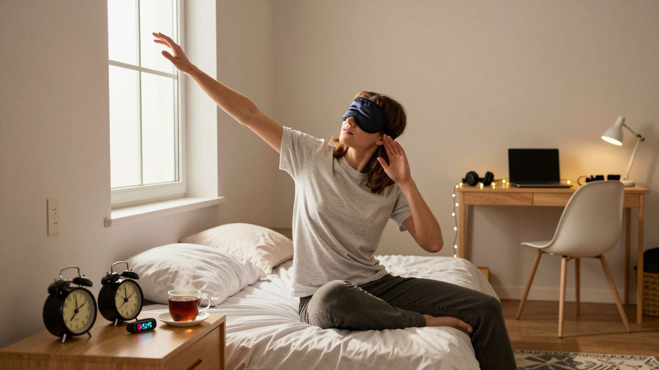 Pessoa com máscara de dormir sentada na cama a esticar o braço numa manhã luminosa.