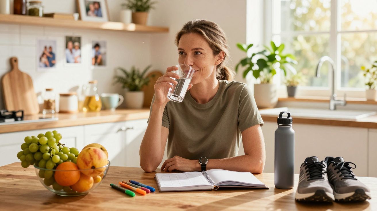 Mulher a beber água na cozinha, com frutas, ténis, e caderno aberto sobre a mesa iluminada pelo sol.