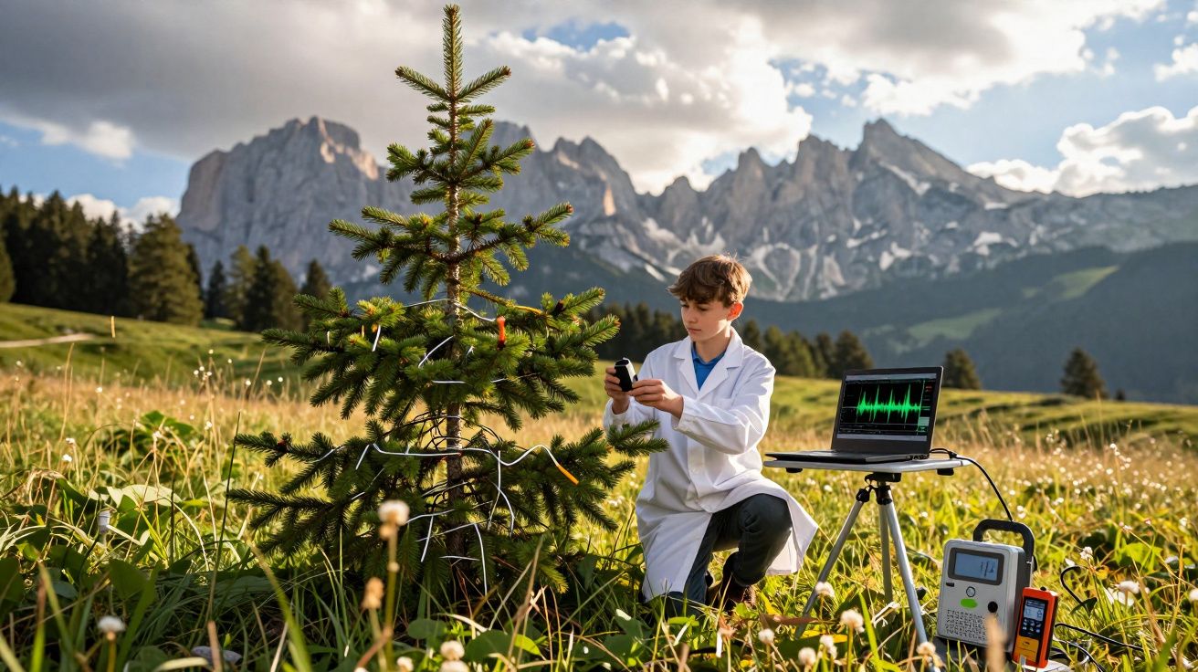 Menino com bata branca analisa árvore com equipamento científico num prado com montanhas ao fundo.