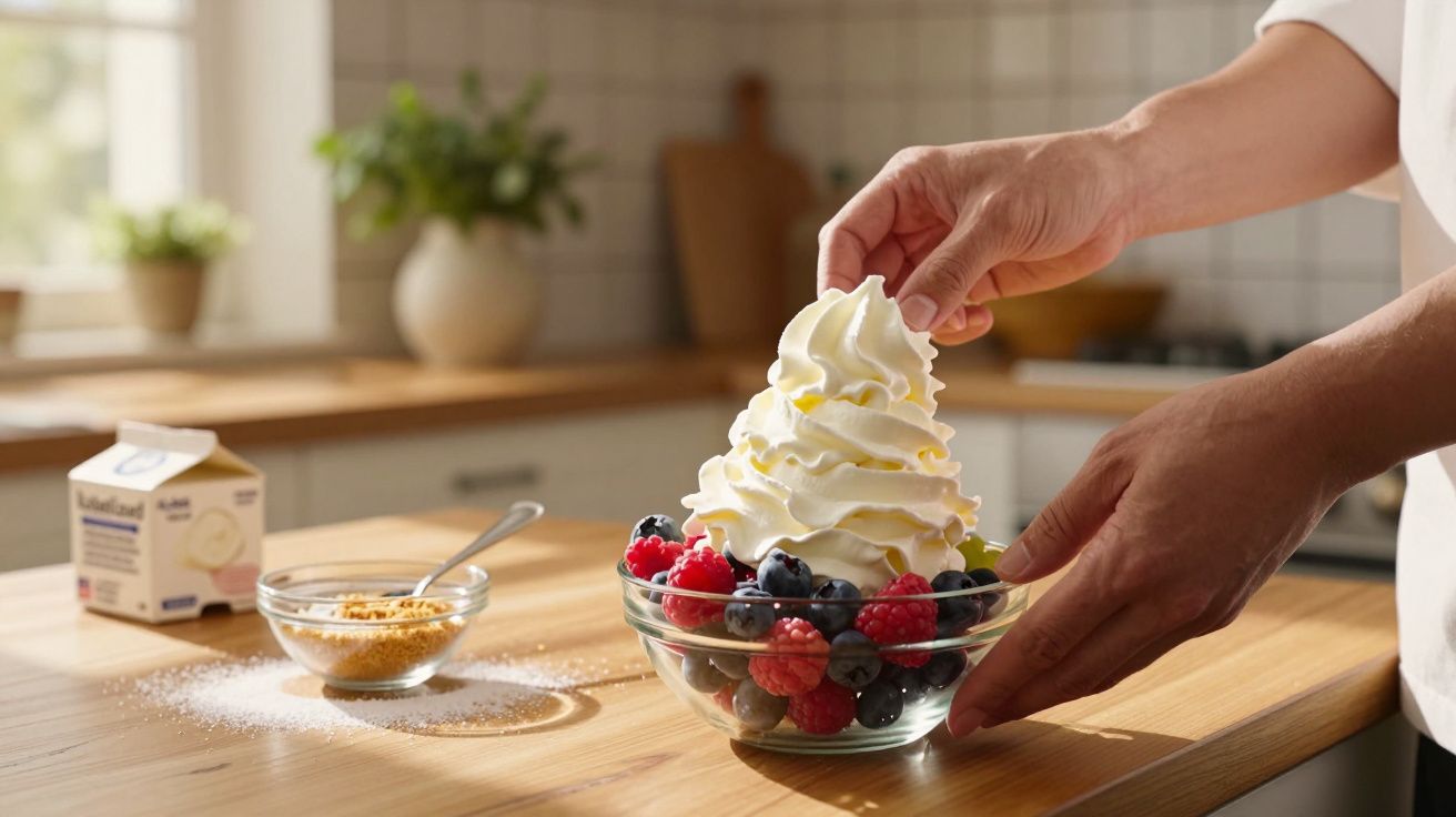 Mãos decoram taça com frutos vermelhos e chantilly numa cozinha iluminada.