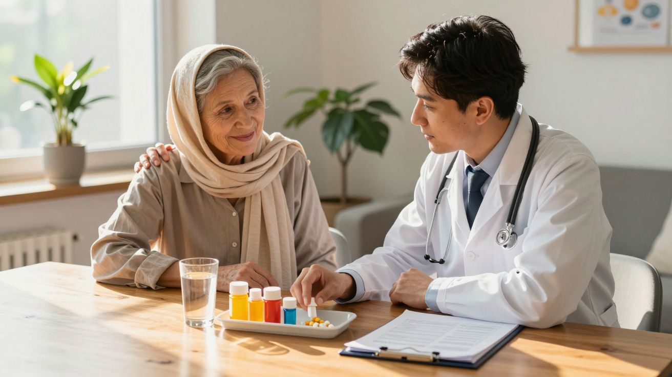 Médico explica tratamento com medicamentos a idosa numa consulta num ambiente iluminado e acolhedor.