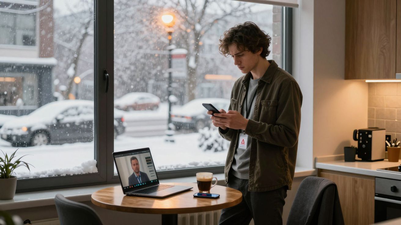Jovem usa telemóvel enquanto participa numa videoconferência num café com neve na rua ao fundo.