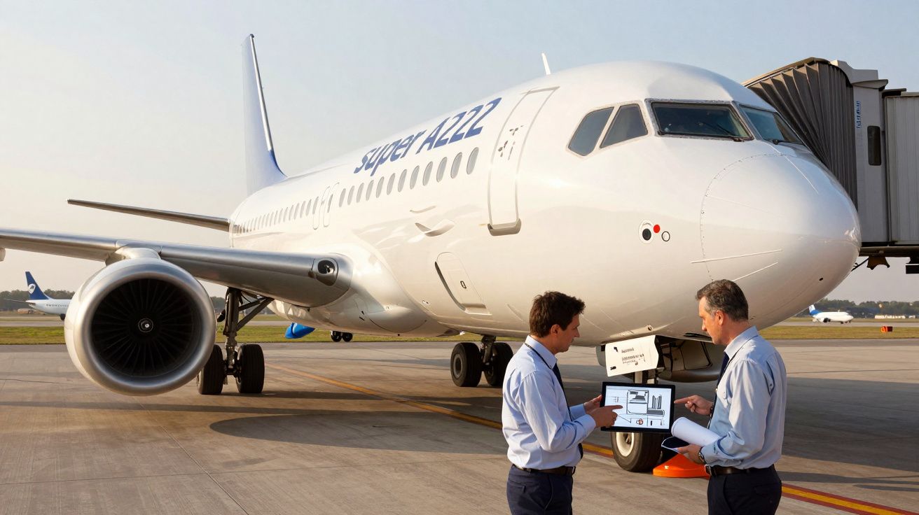 Avião Airbus A222 estacionado no aeroporto com dois técnicos a analisar dados junto ao nariz da aeronave.