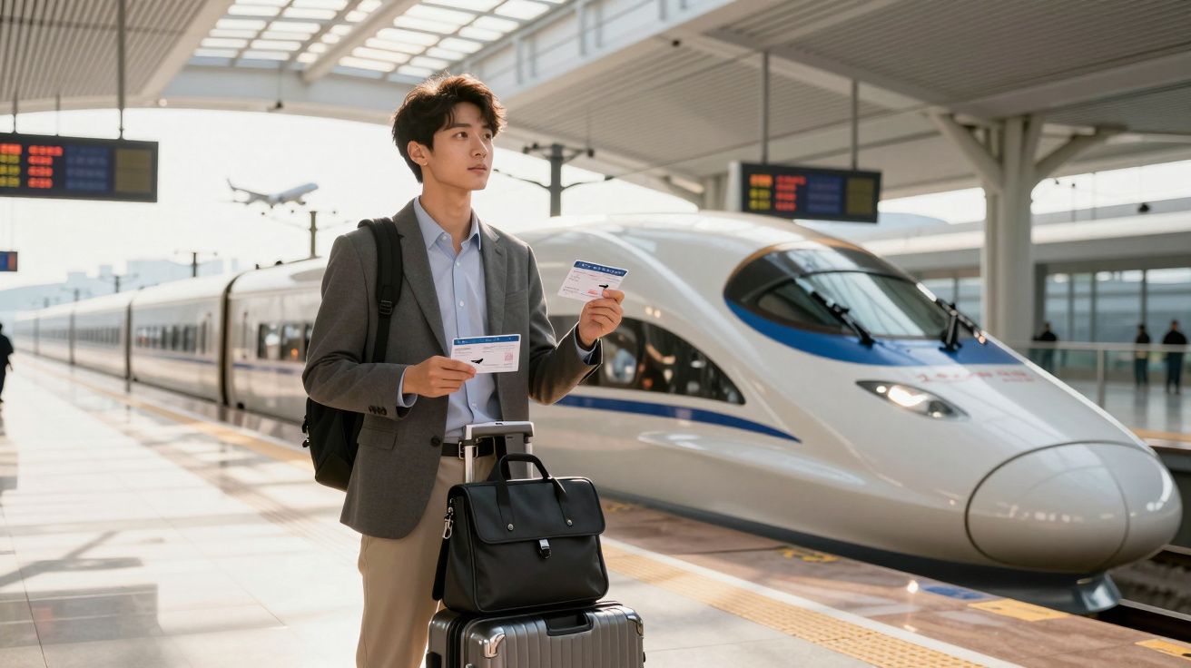 Homem de negócios com mala e documentos numa estação ao lado de um comboio de alta velocidade.