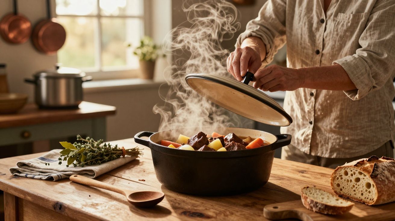 Pessoa a levantar a tampa de um tacho a ferver com carne e legumes numa cozinha rústica com pão e ervas.