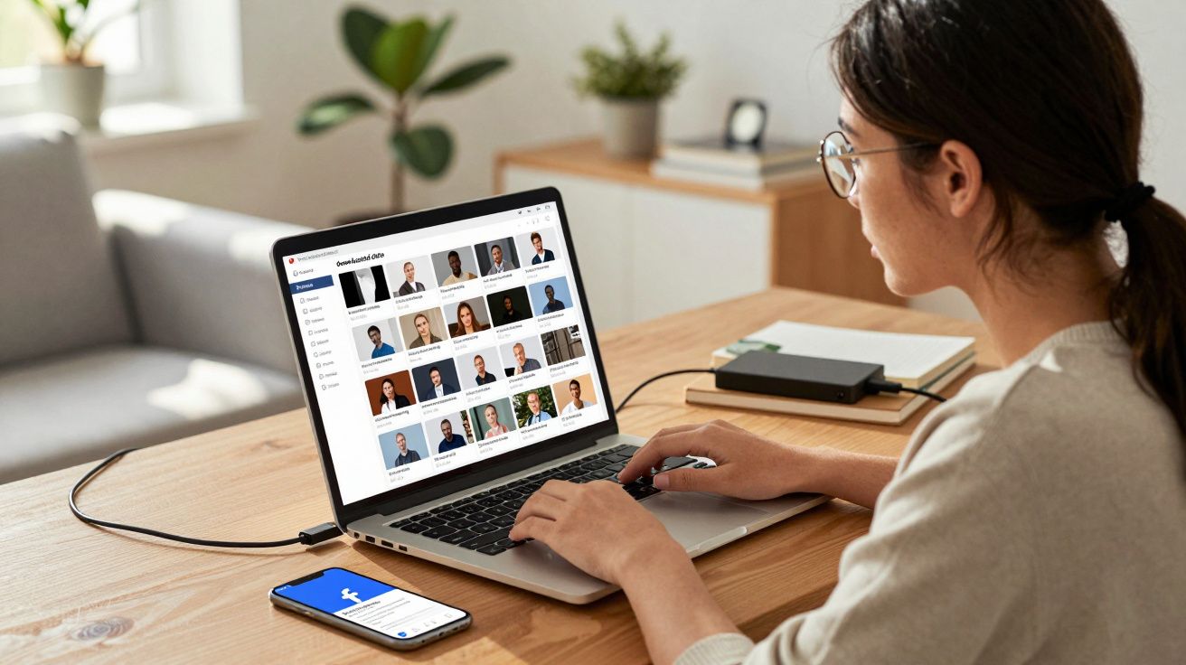 Mulher a usar portátil para navegar num site de pesquisa de pessoas sentado numa mesa com smartphone ao lado.